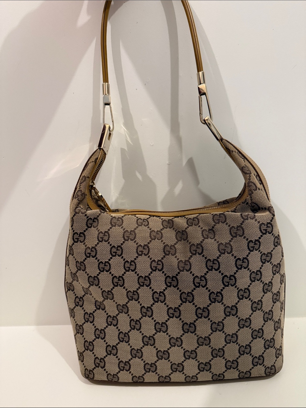 Gucci Beige GG Canvas Shoulder Bag with Brown Trim